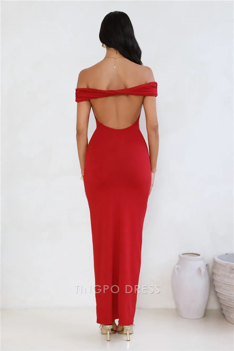 Elegant Off the Shoulder Off - Shoulder Maxi Dress with Open Back Prom Dress